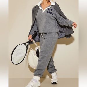 Grey marl oversized collared knitted NY jacquard sweatshirt and sweatpants